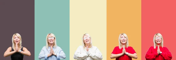 Коллаж Красивой Блондинки Винтажном Изолированном Фоне Умоляя Молясь Руками Вместе — стоковое фото