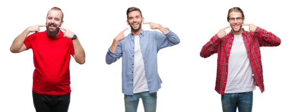 Collage Grupo Hombres Jóvenes Sobre Fondo Aislado Sonriendo Confiado Mostrando — Foto de Stock