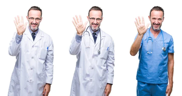 Collage Guapo Médico Tercera Edad Con Uniforme Cirujano Sobre Fondo — Foto de Stock