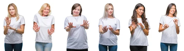 孤立した背景に白い シャツを着た女性の一団のコラージュうんざりする表現で 不快と恐ろしいので嫌悪顔をやって嫌悪反応 手で発生します 迷惑な概念 — ストック写真