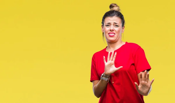 Mooie Jongedame Geïsoleerde Achtergrond Walgen Expressie Ontevreden Angstig Walging Gezicht — Stockfoto