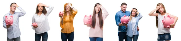 Collage Grupp Människor Sparar Pengar Med Spargris Över Isolerade Bakgrund — Stockfoto