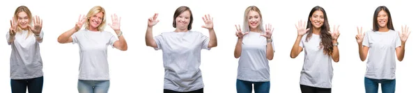 Kolaż Grupą Kobiet Noszenie Shirt Biały Białym Tle Wyświetlono Skierowaną — Zdjęcie stockowe