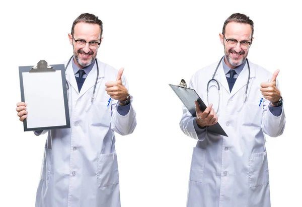 拼贴画英俊的年长的医生人持有剪贴板在孤立的背景快乐与大微笑做 拇指与手指 优秀的标志 — 图库照片