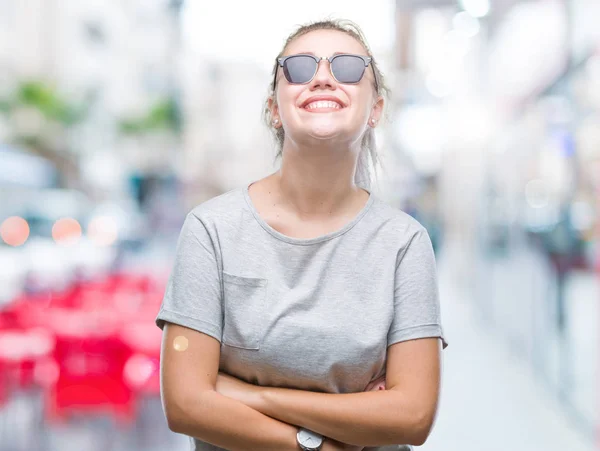 Mujer Rubia Joven Con Gafas Sol Sobre Fondo Aislado Cara — Foto de Stock