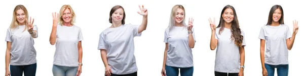 Collage Van Groep Vrouwen Dragen Witte Shirt Geïsoleerde Achtergrond Weergeven — Stockfoto