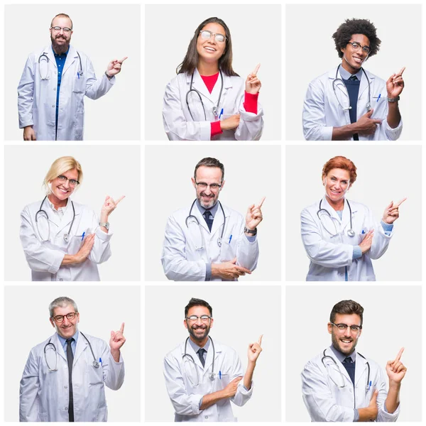 Collage of group of doctor people wearing stethoscope over isolated background with a big smile on face, pointing with hand and finger to the side looking at the camera.