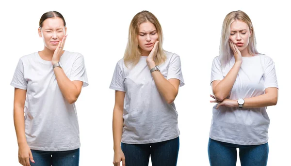 Collage Gruppen Unga Kvinnor Som Bär Vit Shirt Över Isolerade — Stockfoto