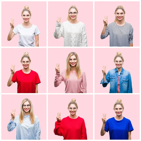 Colagem Jovem Bela Mulher Loira Sobre Rosa Isolado Fundo Mostrando — Fotografia de Stock