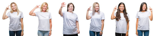 Collage of group of women wearing white t-shirt over isolated background smiling and confident gesturing with hand doing size sign with fingers while looking and the camera. Measure concept.