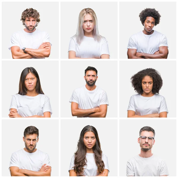 Collage Einer Gruppe Von Menschen Lässigem Weißem Shirt Vor Isoliertem — Stockfoto