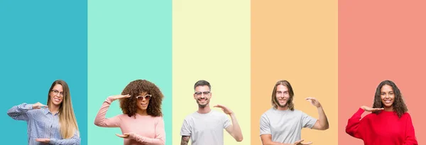 Collage Group Young People Colorful Vintage Isolated Background Gesturing Hands — Stock Photo, Image
