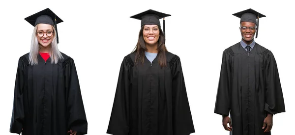 Collage Grupo Jóvenes Estudiantes Con Uniforme Universitario Graduado Sobre Fondo — Foto de Stock