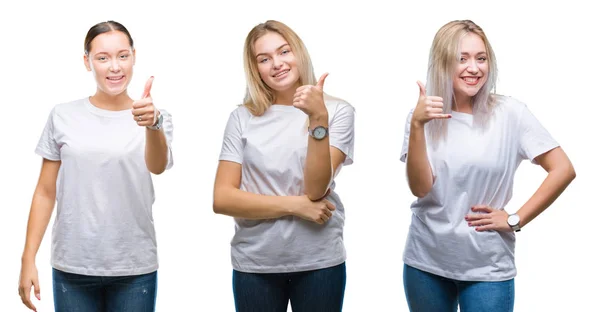 Colagem Grupo Mulheres Jovens Vestindo Shirt Branca Sobre Fundo Isolado — Fotografia de Stock