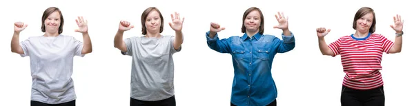 Колаж Вниз Сіднейської Жінки Над Ізольованим Тлом Показує Вказує Пальцями — стокове фото
