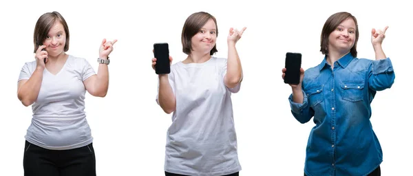 Collage Van Beneden Sydrome Vrouw Met Behulp Van Smartphone Geïsoleerde — Stockfoto