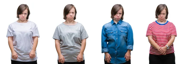 Colagem Mulher Para Baixo Síndrome Sobre Fundo Isolado Cético Nervoso — Fotografia de Stock