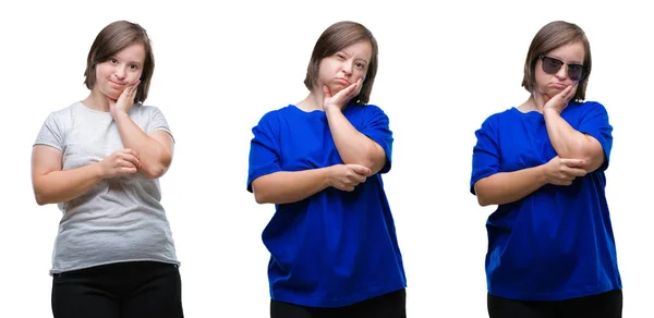 Collage Mujer Síndrome Sobre Fondo Aislado Pensando Que Cansado Aburrido —  Fotos de Stock