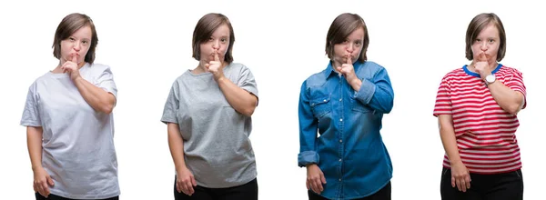 Коллаж Женщины Синдромом Дауна Изолированном Фоне Просящей Помолчать Пальцем Губах — стоковое фото