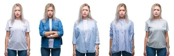 Collage Hermosa Mujer Joven Rubia Sobre Fondo Aislado Escéptico Nervioso — Foto de Stock