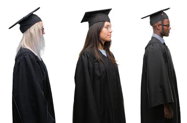 Collage Grupo Jóvenes Estudiantes Con Uniforme Graduado Univerty Sobre Fondo — Foto de Stock