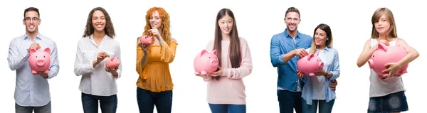 Collage Van Groep Mensen Besparingsgeld Piggy Bank Geïsoleerde Achtergrond Met — Stockfoto