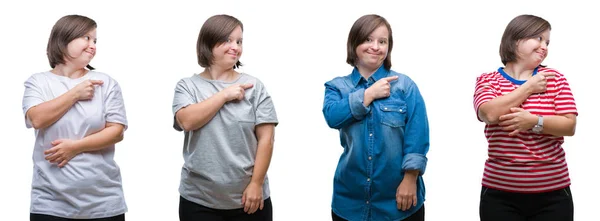 Collage Einer Frau Mit Syndrom Vor Isoliertem Hintergrund Fröhlich Mit — Stockfoto