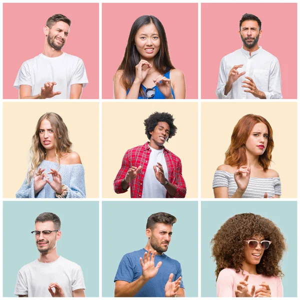 Collage Gruppen Unga Kvinna Och Män Över Färgglada Isolerade Bakgrund — Stockfoto