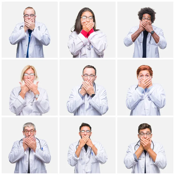 Collage Grupo Médicos Con Estetoscopio Sobre Fondo Aislado Sorprendió Cubriendo —  Fotos de Stock