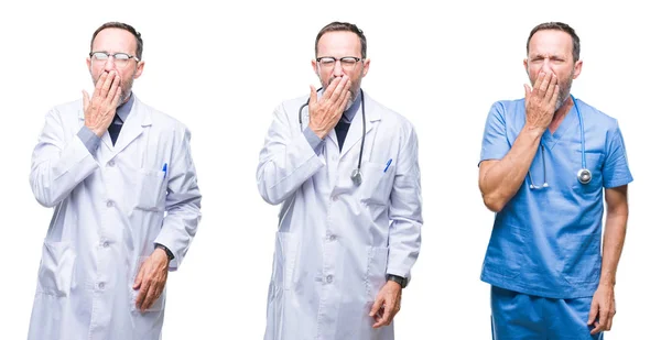 Collage Guapo Hombre Médico Alzado Senior Vistiendo Uniforme Cirujano Sobre — Foto de Stock