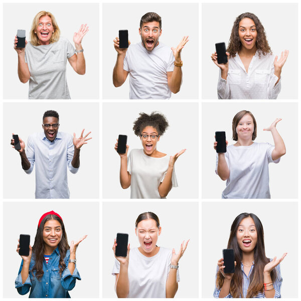 Collage of group of young people showing screen of smartphone over isolated background very happy and excited, winner expression celebrating victory screaming with big smile and raised hands