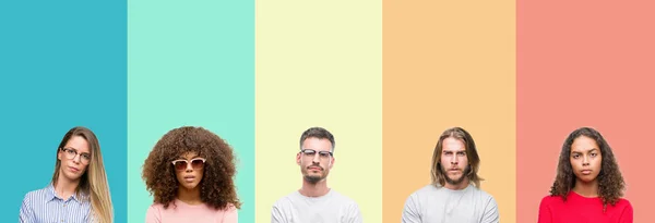 Colagem Grupo Jovens Sobre Colorido Vintage Isolado Fundo Cético Nervoso — Fotografia de Stock