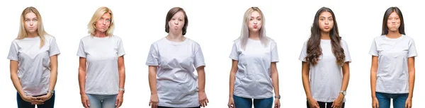 Colagem Grupo Mulheres Vestindo Camiseta Branca Sobre Fundo Isolado Soprando — Fotografia de Stock