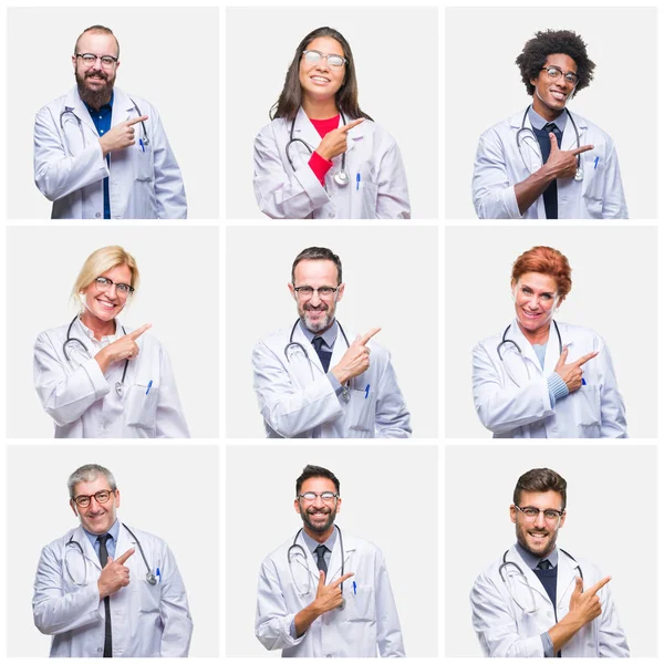 Kolaż Grupa Ludzi Lekarz Stetoskop Sobie Białym Tle Wesoły Uśmiech — Zdjęcie stockowe