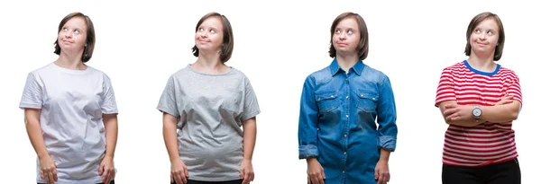 Collage Einer Frau Mit Syndrom Vor Isoliertem Hintergrund Die Lächelnd — Stockfoto