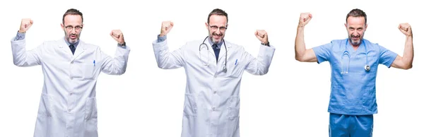 Коллаж Красивого Пожилого Доктора Форме Хирурга Изолированном Фоне Показывающий Мышцы — стоковое фото