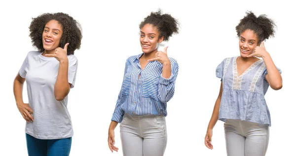 在独立背景的非洲裔美国人妇女拼贴画微笑做电话手势用手和手指像在电话交谈 沟通概念 — 图库照片