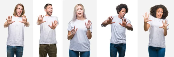 Collage Van Groep Jongeren Dragen Witte Shirt Geïsoleerde Achtergrond Bang — Stockfoto