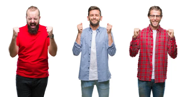 Collage Van Groep Jonge Mannen Geïsoleerde Achtergrond Enthousiast Voor Succes — Stockfoto