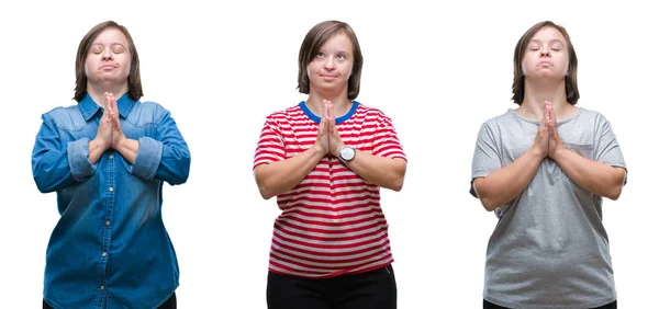 Collage Abajo Mujer Del Síndrome Sobre Fondo Aislado Orando Con —  Fotos de Stock