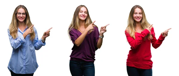 Colagem Jovem Bela Mulher Loira Sobre Fundo Isolado Sorrindo Olhando — Fotografia de Stock