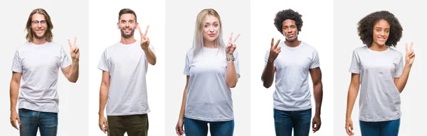分離の背景表示と指で上向きに白い シャツを着た若者のグループのコラージュ数は自信を持って 幸せな笑みを浮かべて中 — ストック写真