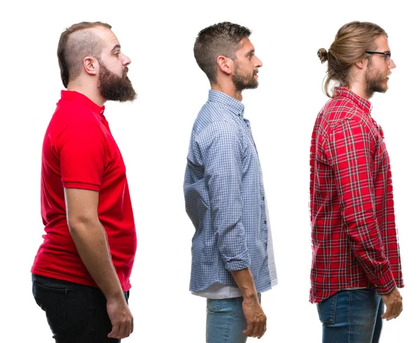 Collage Grupp Unga Män Över Isolerade Bakgrund Ser Att Sida — Stockfoto