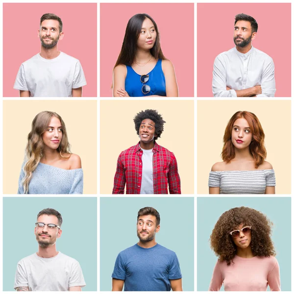 若者女性と笑って見ている側と見つめて離れて思考カラフルな分離背景以上の男性のグループのコラージュ — ストック写真