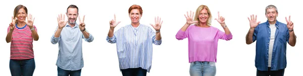 Collage Group Middle Age Senior People Isolated Background Showing Pointing — Stock Photo, Image