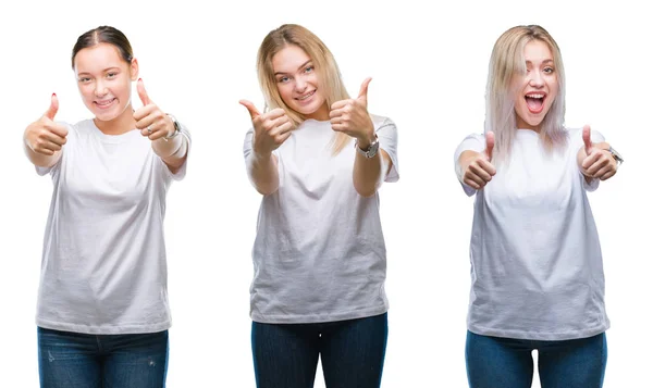 Collage Group Young Women Wearing White Shirt Isolated Background Approving — Stock Photo, Image