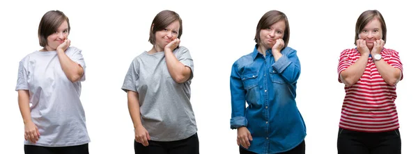 Collage Einer Frau Mit Syndrom Vor Isoliertem Hintergrund Die Gestresst — Stockfoto