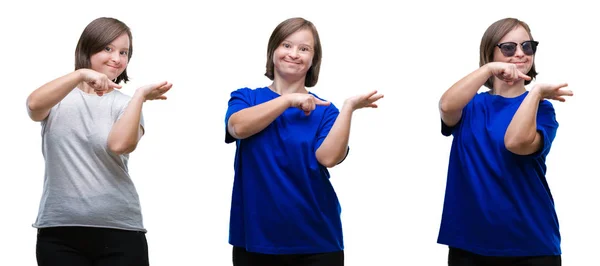 Collage Abajo Mujer Síndrome Sobre Fondo Aislado Sorprendido Sonriendo Cámara —  Fotos de Stock