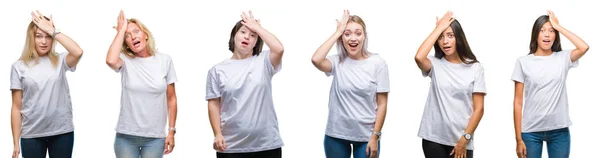 Collage Group Women Wearing White Shirt Isolated Background Surprised Hand — Stock Photo, Image