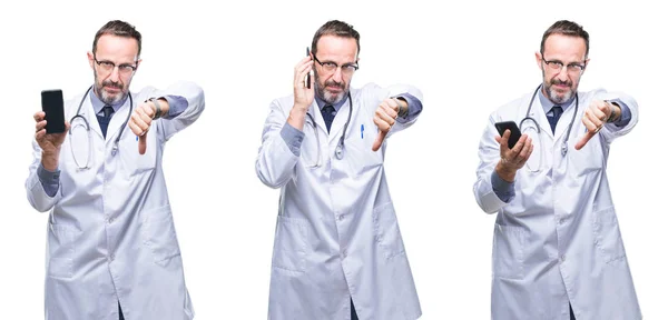 Collage Hombre Apuesto Médico Alzado Senior Usando Teléfono Inteligente Sobre — Foto de Stock